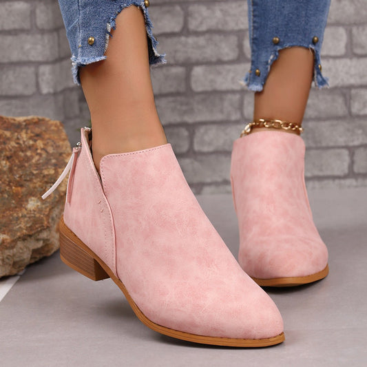 Chunky Heel Pointed Toe Ankle Boots With V - cut Pink
