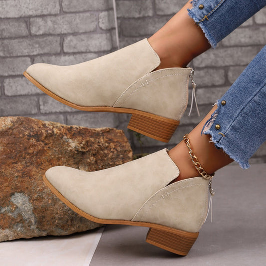 Chunky Heel Pointed Toe Ankle Boots With V - cut Pink