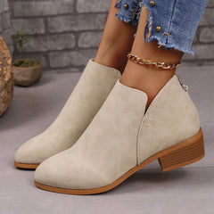Chunky Heel Pointed Toe Ankle Boots With V - cut Off white