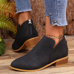 Chunky Heel Pointed Toe Ankle Boots With V - cut Black