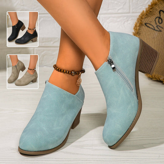 Chunky Heel Round Toe Ankle Boots With Side Zipper Design Black