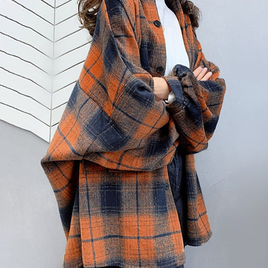 Classic Design Plaid Single - breasted Cardigan Lapel Long Sleeve Shirt Orange