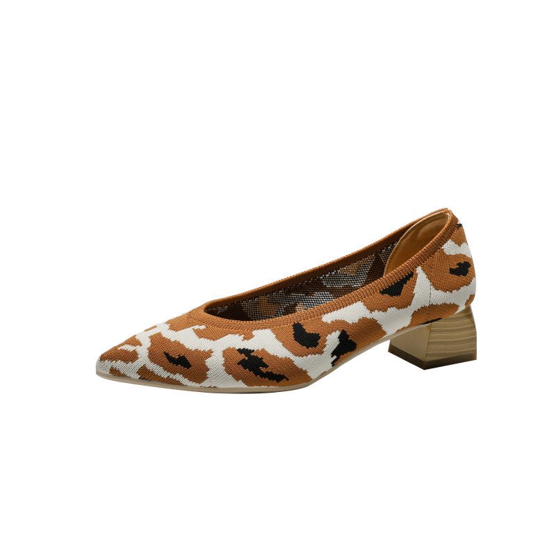 Classic Wood Grain Thick Heel Pointed Casual Slingback Pumps Leopard Print