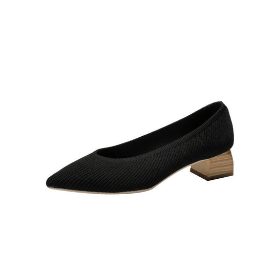 Classic Wood Grain Thick Heel Pointed Casual Slingback Pumps Black