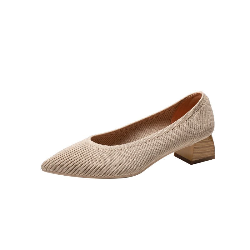 Classic Wood Grain Thick Heel Pointed Casual Slingback Pumps Apricot