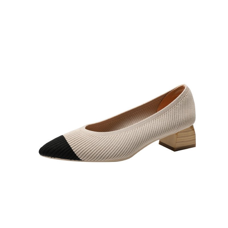 Classic Wood Grain Thick Heel Pointed Casual Slingback Pumps Apricot Black Color Matching