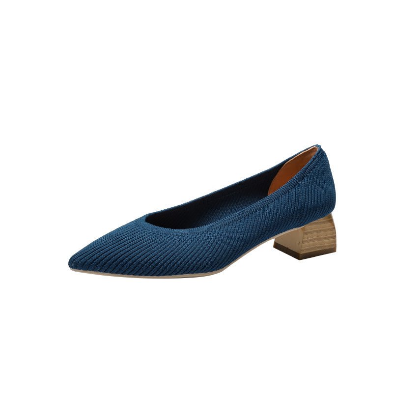 Classic Wood Grain Thick Heel Pointed Casual Slingback Pumps Blue