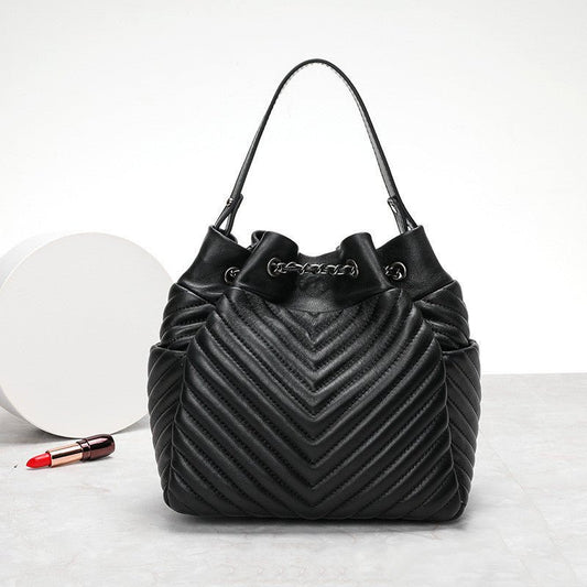 Clutch Pleated Sheepskin Leather Top Handle & Chain Shoulder Bag Black