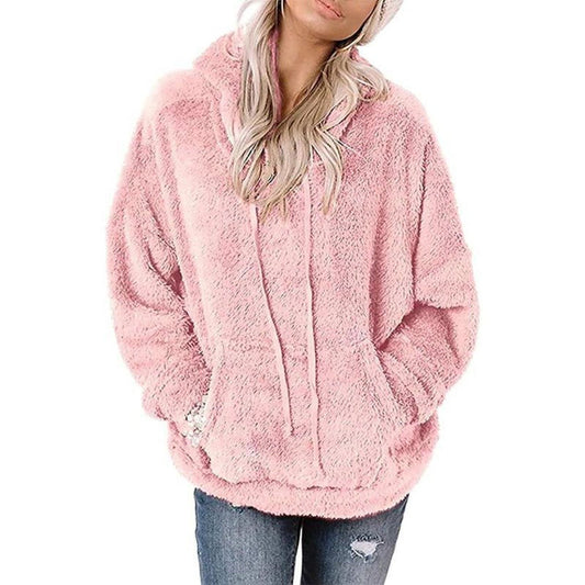 Coat Solid Color Pocket Casual Loose Sweater Coral Pink