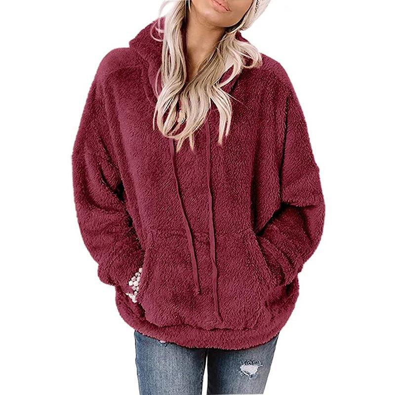 Coat Solid Color Pocket Casual Loose Sweater Purplish Red