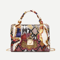 Colorful Snake Print Clutch Handbag with Silk Scarf Orange