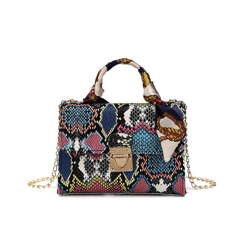 Colorful Snake Print Clutch Handbag with Silk Scarf Blue
