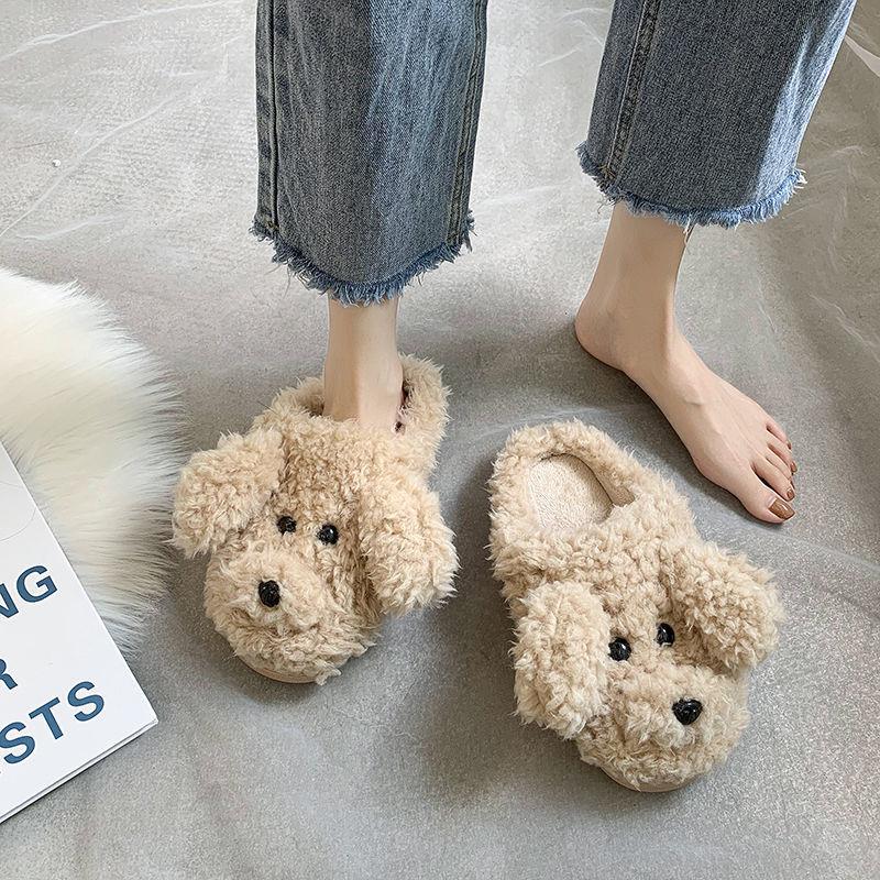 Com - warm Dog Short Plush Slippers For Women 2023 Furry Cotton Shoes Slippers jamming