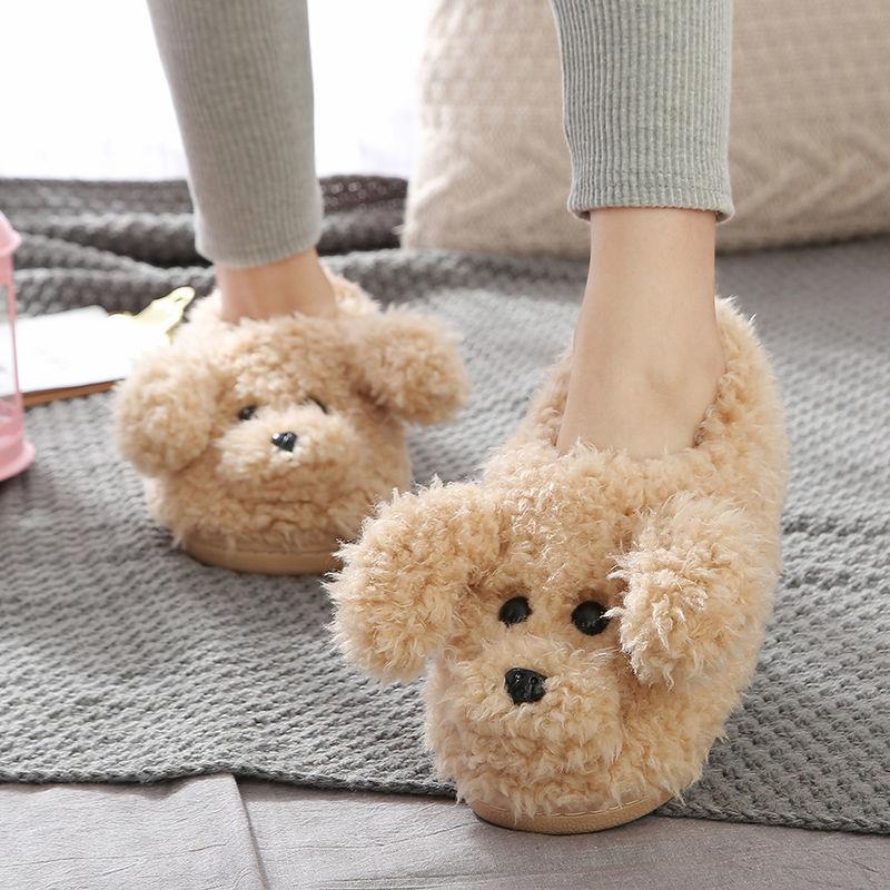 Com - warm Dog Short Plush Slippers For Women 2023 Furry Cotton Shoes Bag and khaki