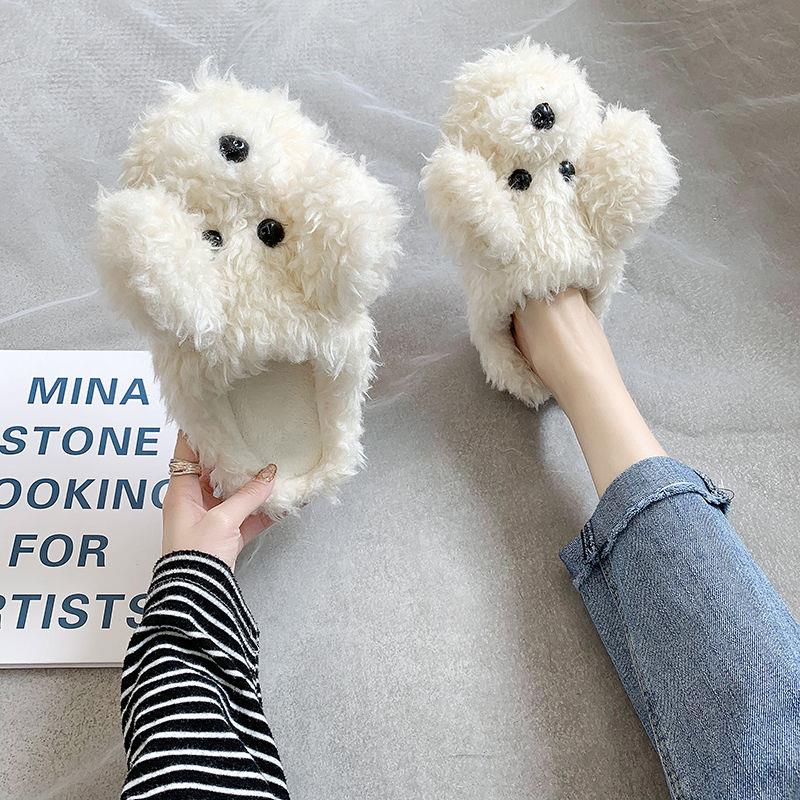 Com - warm Dog Short Plush Slippers For Women 2023 Furry Cotton Shoes Slipperswhite