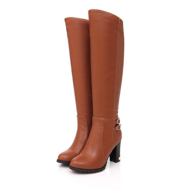 Comfortable Chunky Over - the - knee Boots Women's Statement High Heels Brown