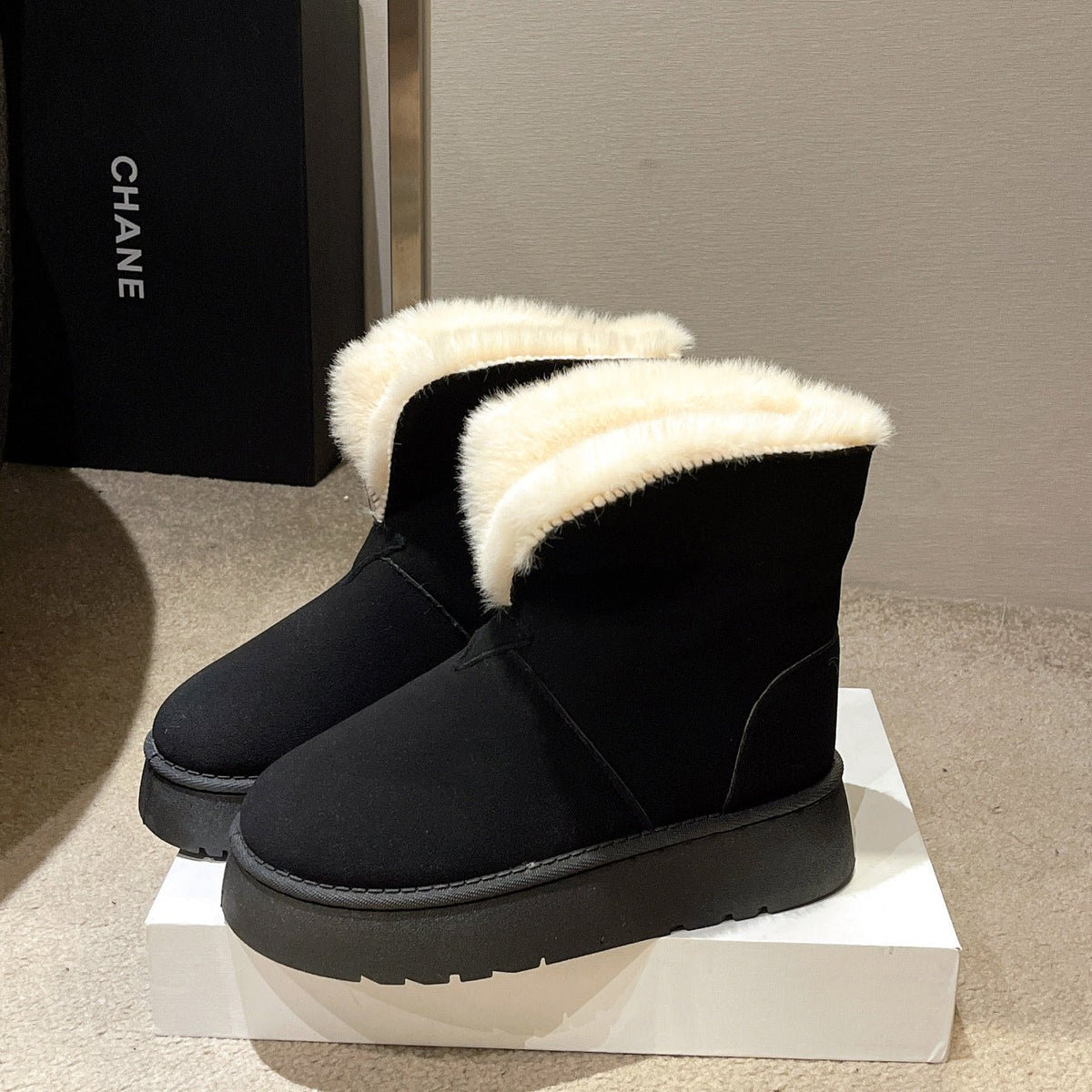 Comfy Fold able Fleece Cotton Shoes Velvet And Thickened Ankle Boots Black