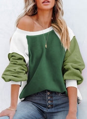 Contrast Color Fleece Lantern Sleeve Sweater Green