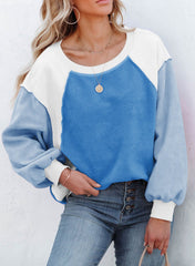 Contrast Color Fleece Lantern Sleeve Sweater Sky Blue