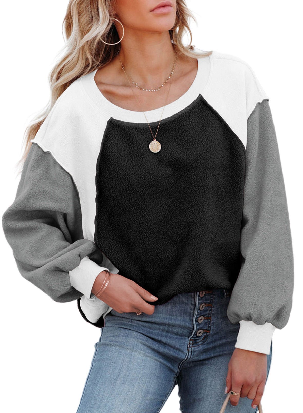 Contrast Color Fleece Lantern Sleeve Sweater Black