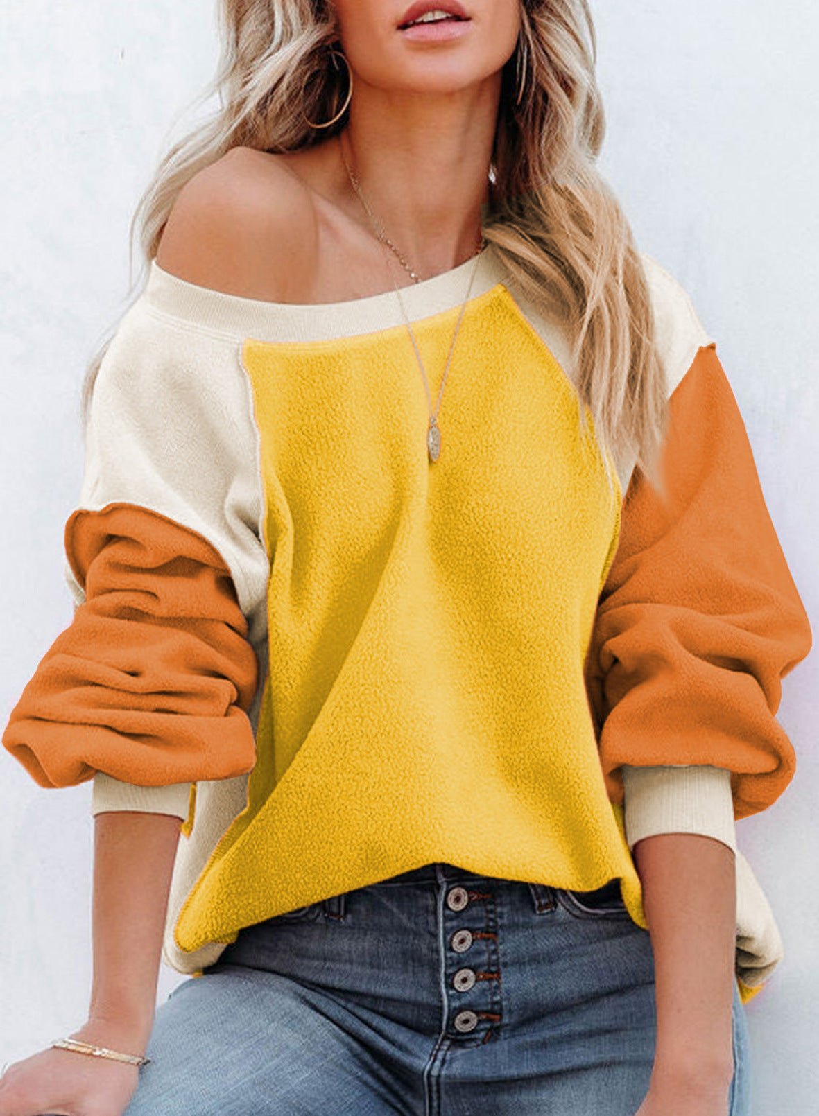 Contrast Color Fleece Lantern Sleeve Sweater Yellow