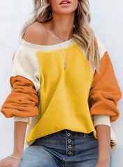 Contrast Color Fleece Lantern Sleeve Sweater Yellow