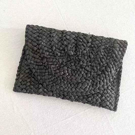 Cornhusk Woven Straw Fashion Clutch for Vacation Black