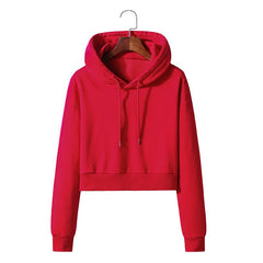 Cotton Hooded Pullover Short Sweater Exposed Navel Red