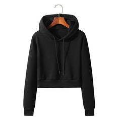 Cotton Hooded Pullover Short Sweater Exposed Navel Black