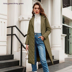 Cotton - padded Coat Fashion Polo Collar Mid - length Over The Knee Army Green