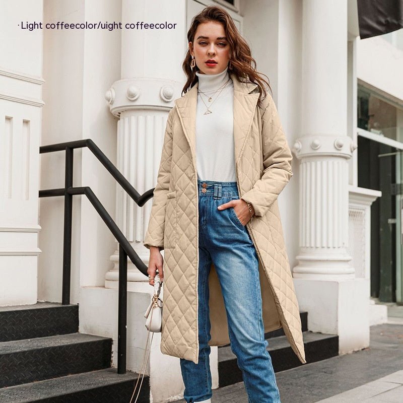 Cotton - padded Coat Fashion Polo Collar Mid - length Over The Knee Light Coffee