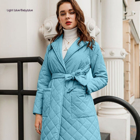 Cotton - padded Coat Fashion Polo Collar Mid - length Over The Knee Light Blue