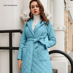 Cotton - padded Coat Fashion Polo Collar Mid - length Over The Knee Light Blue