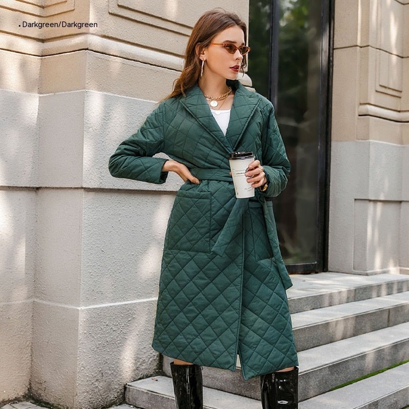 Cotton - padded Coat Fashion Polo Collar Mid - length Over The Knee Dark Green