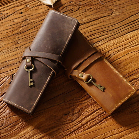 Cowhide Vintage Rolling Shutter Pen Bag - Three Fold Stationery Clip Black