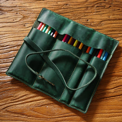 Cowhide Vintage Rolling Shutter Pen Bag - Three Fold Stationery Clip Coffee