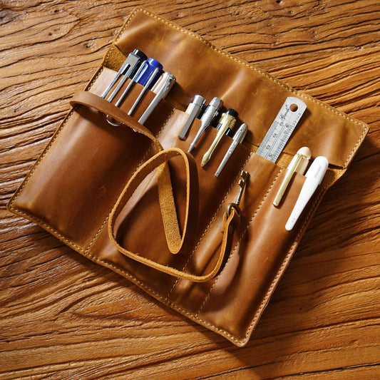 Cowhide Vintage Rolling Shutter Pen Bag - Three Fold Stationery Clip Black