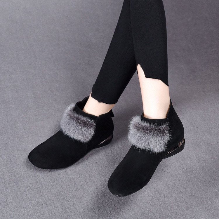 Cozy Cushioned Winter Rubber Back Zipper Artificial Faux Fur Boots Black Plus Velvet