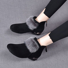 Cozy Cushioned Winter Rubber Back Zipper Artificial Faux Fur Boots Black Plus Velvet