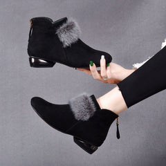 Cozy Cushioned Winter Rubber Back Zipper Artificial Faux Fur Boots Black Plus Velvet