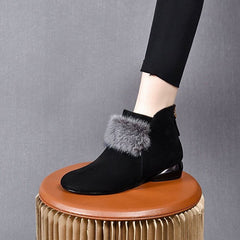 Cozy Cushioned Winter Rubber Back Zipper Artificial Faux Fur Boots Black Plus Velvet