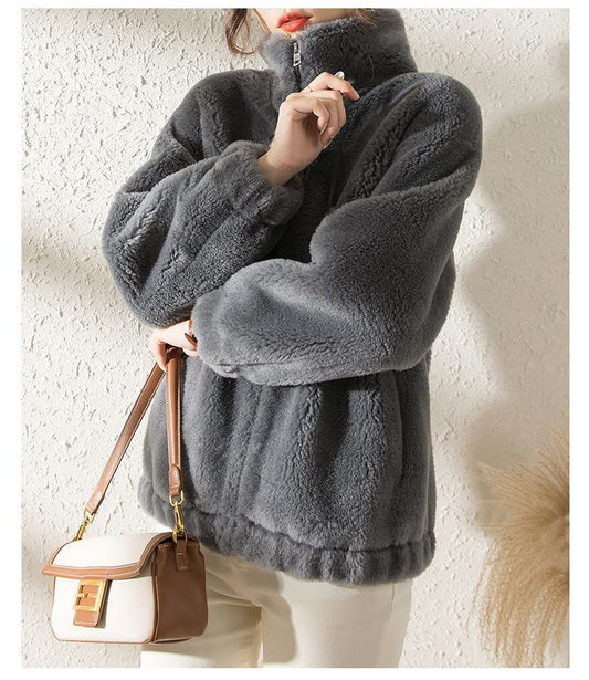 Cozy Stylish Short Coat Loose Fit Fleece Jacket for Women Dark Gray