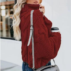 Cozy Turtleneck Pullover Sweater - Women's Casual Long Sleeves Red