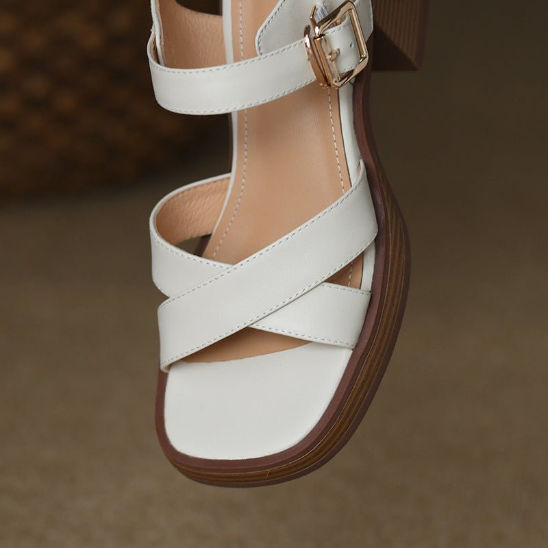 Cross Strap Sandals Women's Mid Summer Platform Open Toe Chunky Heel Beige