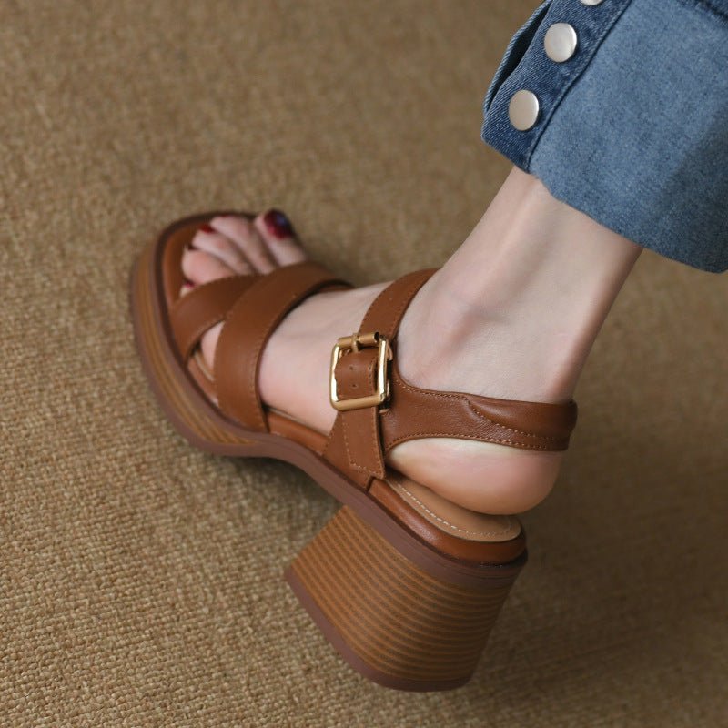 Cross Strap Sandals Women's Mid Summer Platform Open Toe Chunky Heel Brown