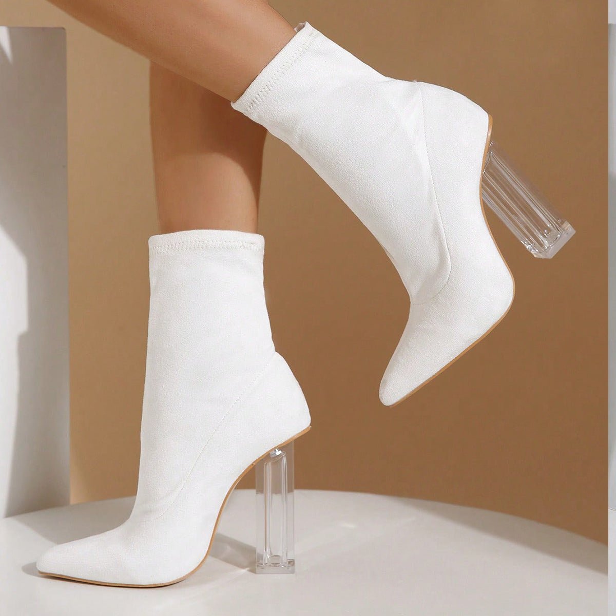 Crystal Slim - foot Boots Light Up High - heeled Mid - calf Party Shoes White