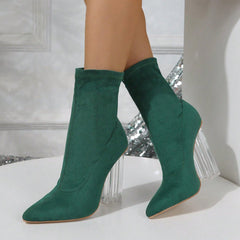 Crystal Slim - foot Boots Light Up High - heeled Mid - calf Party Shoes Dark Green