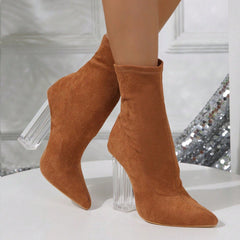 Crystal Slim - foot Boots Light Up High - heeled Mid - calf Party Shoes Apricot