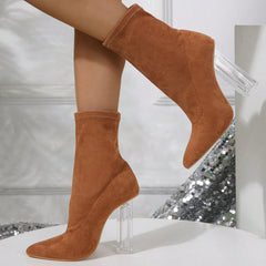Crystal Slim - foot Boots Light Up High - heeled Mid - calf Party Shoes Brown