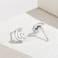 Cute and Compact 925 Sterling Silver Moon Love Cat Stud Earrings White Gold Color